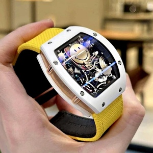 Reloj de pulsera para mujer con diseño de cara sonriente, estilo dulce y moderno, esqueletizado, mecánico, caja blanca con correa amarilla, a la moda - Product Image 2