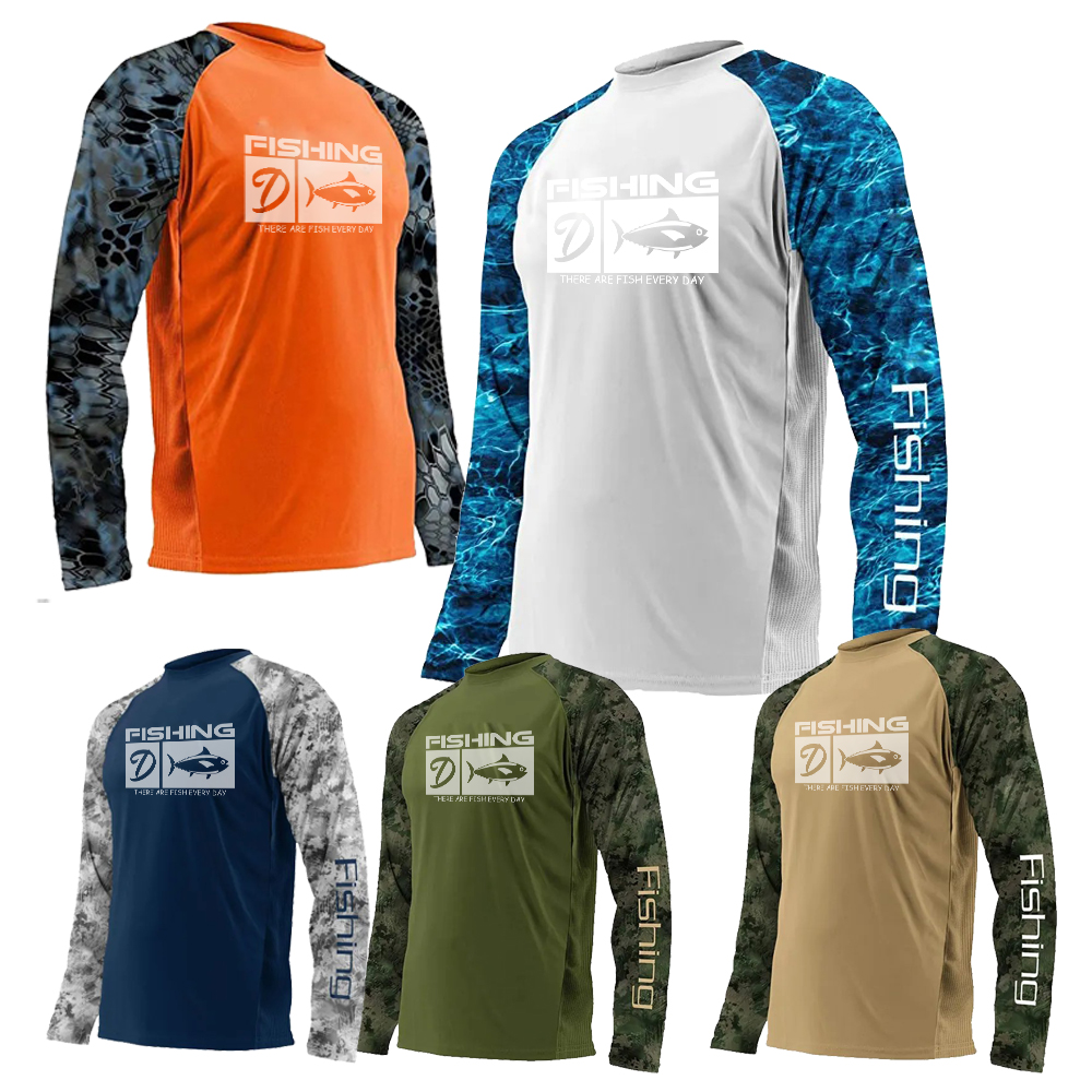 Logotipo personalizado Upf 50 + Protección solar Absorbe la humedad Poliéster Ropa de pesca Hombres de manga larga de camuflaje Ventilado Uv Pesca Camisas