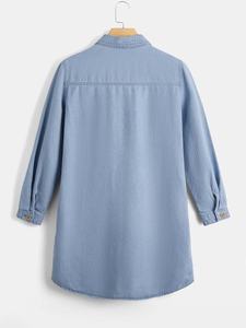 לפדות צווארון שרוול ארוך ג 'ינס מכנסי ג' ינס אופנה מזדמנים חולצות חולצות חולצה לנשים - Product Image 3