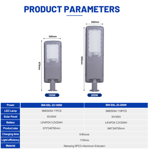 Lampe d'éclairage extérieure à économie d'énergie en aluminium gris foncé 100W 200W, longue durée de vie de la batterie, projecteur solaire pour éclairage public - Product Image 2