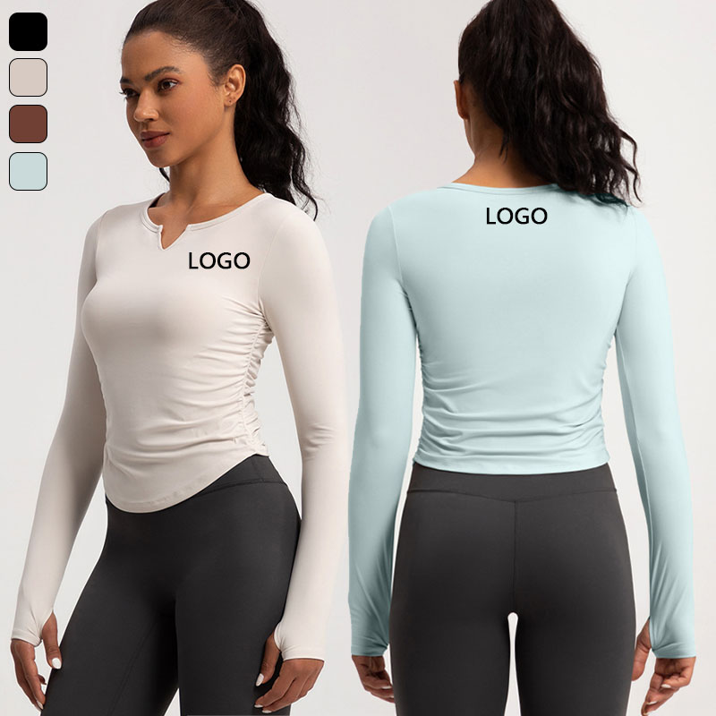 XW-CX74 V Neck Gym Long Sleeve Wholesale Sportswear Pleated Side Fitness Corset Yoga Tennis Workout Crop Tops for Women