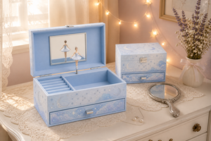 Caja <span class=keywords><strong>de</strong></span> Música <span class=keywords><strong>de</strong></span> <span class=keywords><strong>Bailarina</strong></span> <span class=keywords><strong>con</strong></span> Temática <span class=keywords><strong>de</strong></span> Luna, Estrellas y Nubes, Forro <span class=keywords><strong>de</strong></span> Terciopelo Azul Claro, Espejo Giratorio y Cajón - Product Image 2
