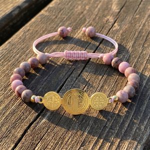 Pulsera de Oración Católica de <span class=keywords><strong>San</strong></span> <span class=keywords><strong>Benito</strong></span>, Zebra Rosa Natural, Acero Inoxidable, Cruz de <span class=keywords><strong>San</strong></span> <span class=keywords><strong>Benito</strong></span>, Medalla, Regalo Religioso - Product Image 1