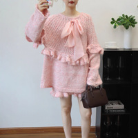Ensemble pull deux pièces vintage en dentelle pour femme automne/hiver 2025, nouveau design à sequins et volants, haut en maille et jupe unie au-dessus du genou, coupe ample