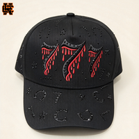 Casquettes de baseball vintage en daim 5 panneaux personnalisées, modèle 31, avec visière courbée, noires, X Baez Hats, effet sang coulant