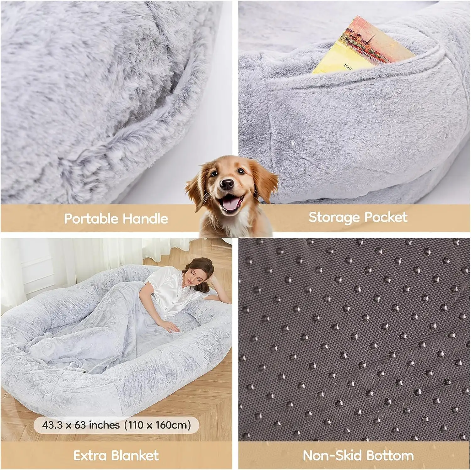 Hot Adult size Dog Bed For Pets and Human Long Plush Human Dog Bed with Giant Fluff Fabric