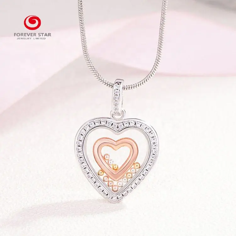 Forever Star Love Double Heart Shape 925 Sterling Silver Rose Gold Yellow Color Cubic Zirconia Crystal Pendant for Woman