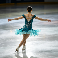 Robe de patinage artistique bleu sarcelle avec strass et maille, manches longues, pour enfants et adultes, idéale pour les compétitions sur glace et les spectacles.