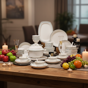 Luxury 6-8 Piece Eco-Friendly Bone China <b>Dinnerware</b> Set European Style Green Gold Pattern Camping Use Dishwasher Microwave Safe - Product Image 1