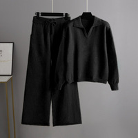 Femmes européennes américaines automne hiver nouvel ensemble tricoté élégant Angora deux pièces pull à col polo ample jambe large décontracté solide