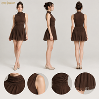 Robe courte sans manches à col haut en maille pour femme, taille froncée, jupe plissée, robe de cocktail pour femme