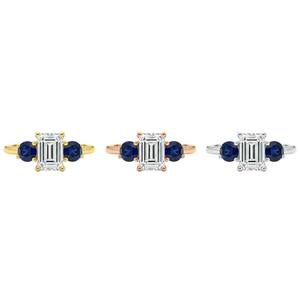 Bague de fiançailles pour femme en or 14 carats plaqué rhodium vintage avec diamant de laboratoire de 1,60 ct et saphir bleu, taille émeraude, 3 pierres - Product Image 6