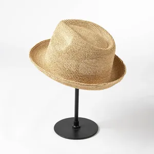 100% tự nhiên Raffia mũ rơm Crochet Fedora với vành ngắn - Product Image 2