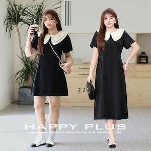 Robe trapèze Runqi avec col Peter Pan, manches courtes, couleur unie noire, décontractée, pour tous les jours, style universitaire, grande taille pour femme - Product Image 2