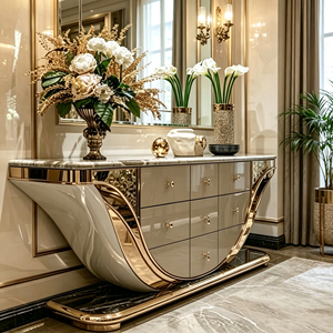 Buffet en fibre de verre noir mat avec incrustation irrégulière en bloc de pierre ardoise dorée, meuble de rangement mixte avec <span class=keywords><strong>tiroirs</strong></span> pour entrée de villa et usage domestique - Product Image 1