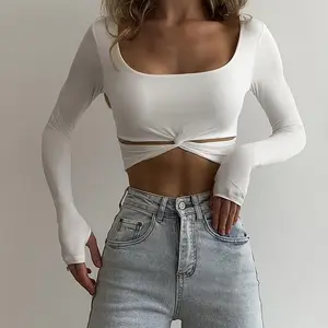 Tops cortos de manga larga para mujer, blusas sexys de corte bajo para mujer, blusas y Tops sólidos a la moda, venta al por mayor