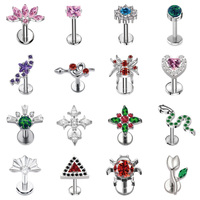 GH04 Boucles d'oreilles fines en titane de style labret, à dos plat, filetage interne, zircone cubique, bijoux de piercing corporel, fabricant