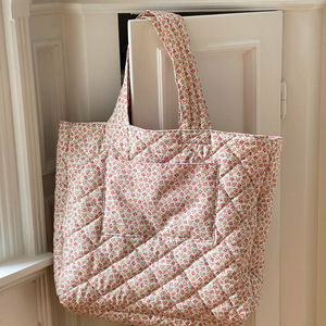 Bolsa de mano grande personalizada, acolchada, de algodón, con estampado de mano, reversible, con cremallera, en colores rosa, blanco y gris, con diseño floral, para mamá, para carrito de <span class=keywords><strong>bebé</strong></span>. - Product Image 6