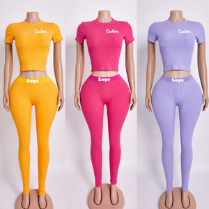 Vêtements de détente côtelés personnalisés ensembles de deux pièces pour femmes t-shirts en coton de base à broder pantalons ensembles de vêtements de détente 2 pièces pour femmes - Product Image 4