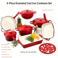 Ensemble de batterie de cuisine en fonte 8 pièces, compatible four, avec faitout, poêles et poêle à frire, pour cuisinières à induction et à gaz