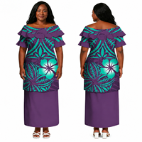 Pakaian Wanita Ukuran Besar Custom Plus Size Puletasi 2 Potong, Gaun Pulau Hawaii Polinesia Motif Bunga Hibiscus, Model Off Shoulder dengan Ruffle
