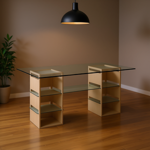 Mesa de Comedor Moderna con Tapa de Vidrio, Base de Madera y Estantes, Diseño Rectangular de 12 mm de Grosor - Product Image 3