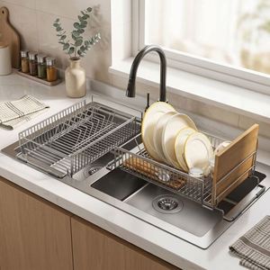 Escurridor de Platos Extensible de Acero Inoxidable para Encimera con Asa de Madera, Ajustable para Fregadero - Product Image 2