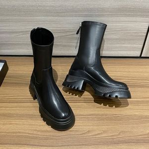 Bottines amincissantes pour femmes de petite taille, mi-mollet, noires, à talon épais, style cigarette, avec fermeture éclair arrière - Product Image 6