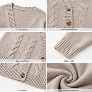 Cárdigan de punto trenzado <span class=keywords><strong>beige</strong></span> para <span class=keywords><strong>mujer</strong></span>, cuello en V, botones frontales, suéter suave y acogedor con dobladillo acanalado, prendas de punto de invierno, suministro de fábrica OEM ODM - Product Image 3
