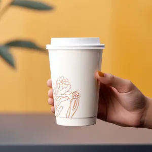Venta al por mayor de vasos de papel apto para microondas bebidas calientes desechables café té jugo Kraft papel de doble pared taza de café