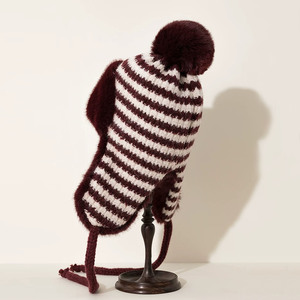 Chapeau d'hiver pour <span class=keywords><strong>femme</strong></span> en tricot rayé avec <span class=keywords><strong>pompon</strong></span> en <span class=keywords><strong>fourrure</strong></span>, style Lei Feng, épaissi, protection des oreilles, pour le <span class=keywords><strong>ski</strong></span> et la neige - Product Image 3