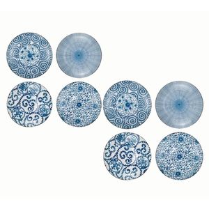 Assiettes plates rondes en céramique bleues et blanches 17,3 cm, motifs floraux et géométriques orientaux, ensemble de vaisselle fabriqué en Italie - Product Image 1