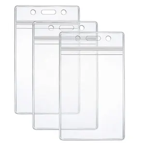 Suporte de crachá extra grosso vertical transparente para cartão de identificação de negócios Suporte para etiqueta de nome com zíper reutilizável à prova d'água para cordão