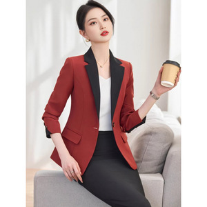Red Long Sleeve Color Blocked Blazer Skirt Set Women's Formal Suit Commute Anti Wrinkle Worsted Fabric - Product Image 1