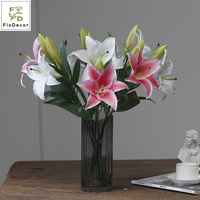 Vente en gros de fleurs artificielles en tissu de soie enduit de latex, effet toucher réel, 3 têtes de lys blancs de 50 cm, pour centre de table de fête, décoration de mariage