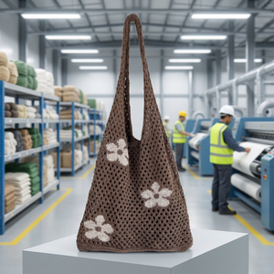 Bolso Tote de <span class=keywords><strong>Ganchillo</strong></span> Hecho a Mano con Logotipo Personalizado, Estilo Boho, Bolso de Hombro de Malla Floral Marrón, Bolso de Compras Tejido Sostenible para Boutique de Verano - Product Image 1