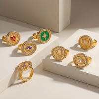JUSNOVA Bague Chevalière Étanche en Acier Inoxydable Plaqué Or PVD 18K, avec Émail Hamsa et Zircon, Motif Mauvais Œil, Vente en Gros de Bijoux