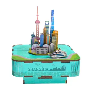 Tonecheer Shanghai City Model Music Box Wood Craft Music Boxes Puzzle Toy Wooden 3D Musical Box For Kids