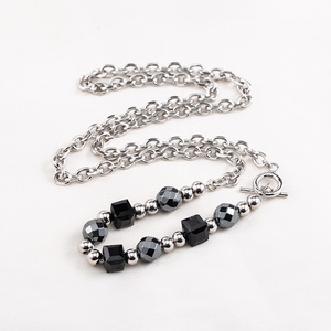 Geometric Beaded Necklace Black Faceted Cube And Ball <b>Titanium</b> Steel <b>Chain</b> For Men And Women Fashion Jewelry XYN0130 - Product Image 1