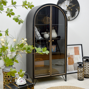 Vitrina de Almacenamiento Negra Estilo Industrial Vintage Shabby Chic con Puertas de Vidrio, 4 Estantes, 1 Cajón y Patas Metálicas para Sala de Estar - Product Image 4