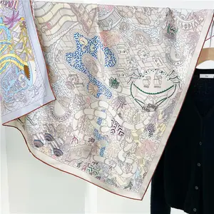 中国设计师100% 纯斜纹真丝围巾90 * 90厘米双面印花手卷边桑蚕丝围巾18毫米