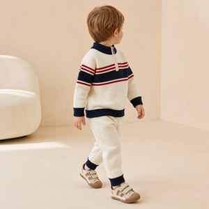 Conjunto de 2 piezas de suéter <span class=keywords><strong>y</strong></span> pantalón a rayas con cremallera media para bebé, ropa de invierno suave <span class=keywords><strong>y</strong></span> cálida para niños pequeños, venta al por mayor - Product Image 2