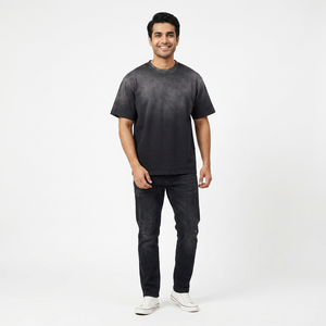 T-shirt décontracté pour homme, coupe classique, 100 % coton épais 250 g/m², respirant, uni, avec logo personnalisé brodé sur le devant, finition délavée - Product Image 1