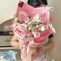 Papier d'emballage floral Huayangqingsu en papier d'art avec dentelle, motif rose, enduit PE, double face, imperméable, pour emballage de fleurs fraîches, vierge