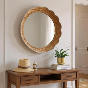 Miroir artisanal en jacinthe d'eau festonné style bohème, miroir mural tissé naturel pour salon, miroir rond artisanal 50 cm - Product Image 1