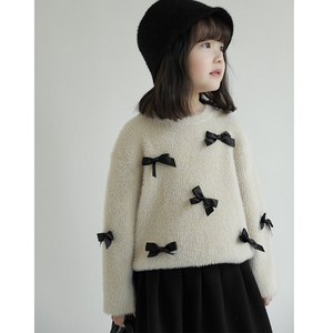 Stile coreano personalizzato bambini di spessore <span class=keywords><strong>abbigliamento</strong></span> <span class=keywords><strong>invernale</strong></span> dolce ragazze caldo maglione lavorato a maglia con bellissimo fiocco - Product Image 1