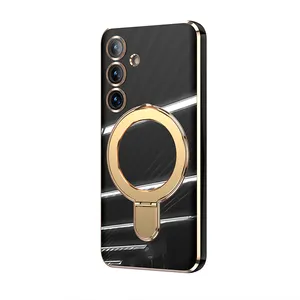 Gold color back car holder stand wireless phone cover for samsung s24 plus fast charging magnetic phone case s24 ultra