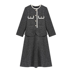 Nuovo Completo Autunnale in Stile Francese Casual, Due Pezzi, Tinta Unita, Lunghezza a Terra, Slim Fit, Tessuto Intrecciato, Linea ad A, Collo Tondo Naturale - Product Image 1