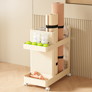 Home Yoga Mat Storage Basket Creamy Yellow 2 Tier Wheeled Rack Portable Fitness Equipment Organizer Bedroom Living Room Use - Product Image 2