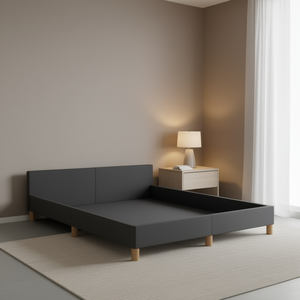 Cadre de lit entièrement en tissu gris foncé, design minimaliste, pieds en bois, meubles de chambre à coucher - Product Image 2